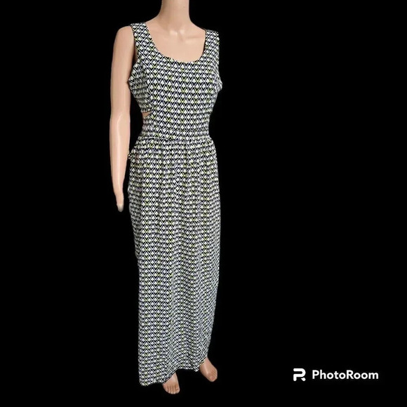 Sweet Storm Sleeveless Side Cut-outs Blue Lime White Geo Print Maxi Dress /L - Picture 5 of 12